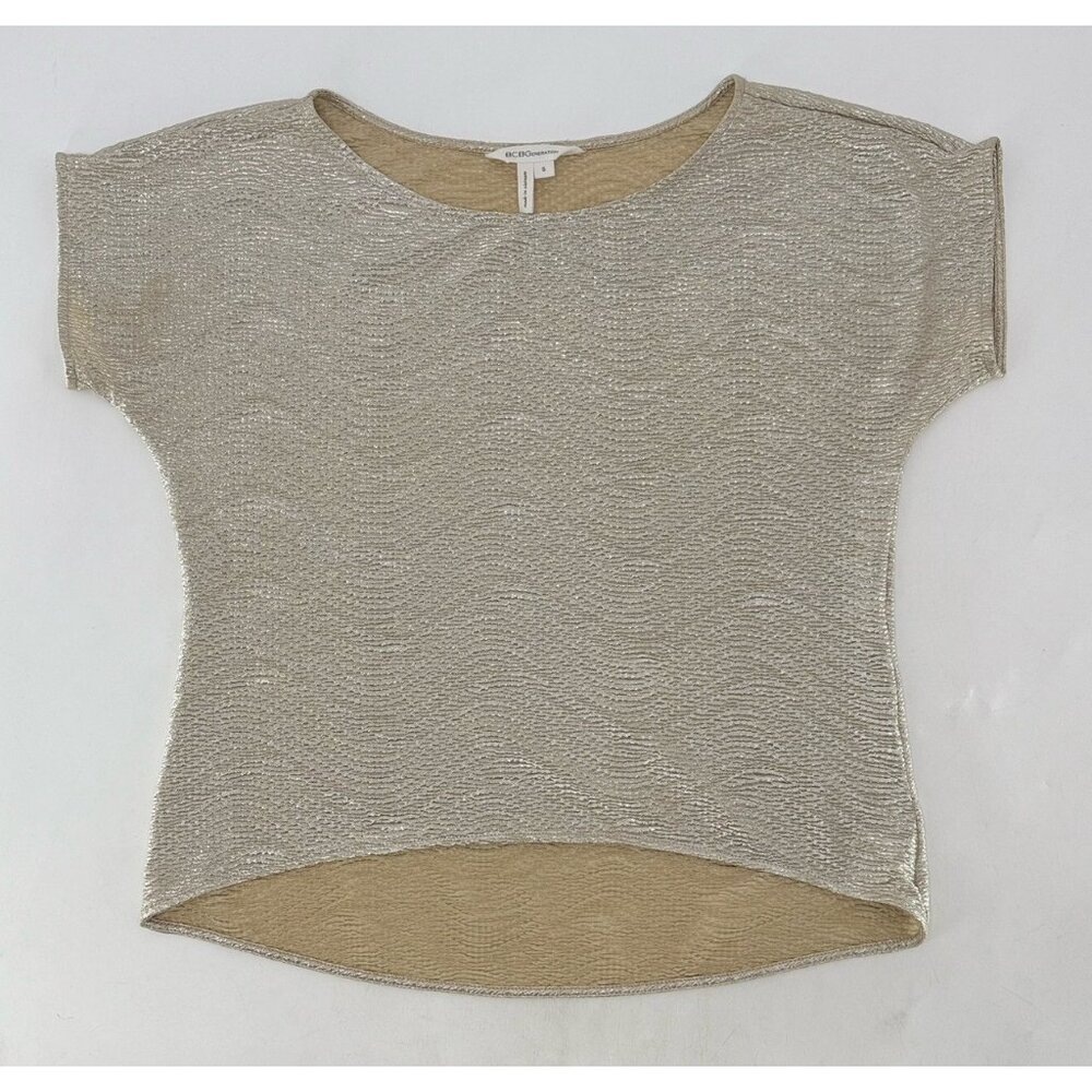 BCBGeneration Women’s Silver Textured Gold Boat Neck Hi Lo Boxy Blouse Size Sm‎